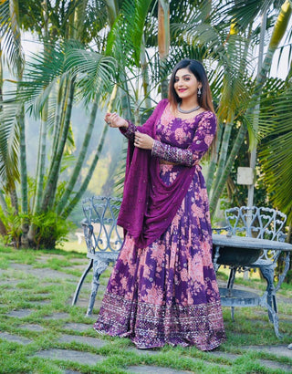 Floral Print With Sequin Work Wine Color Lehenga Choli Clothsvilla