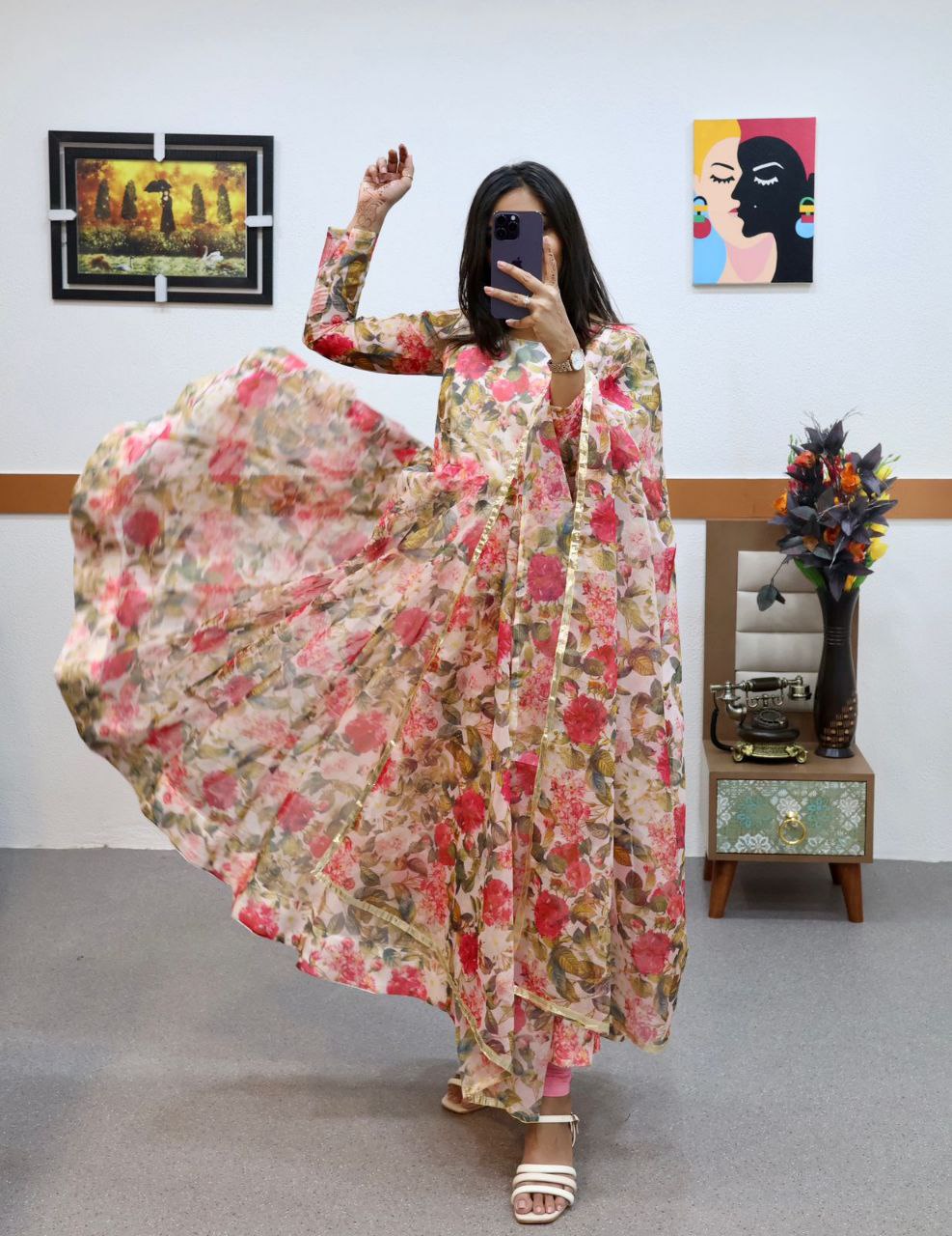Floral Printed Organza Anarkali Gown ClothsVilla