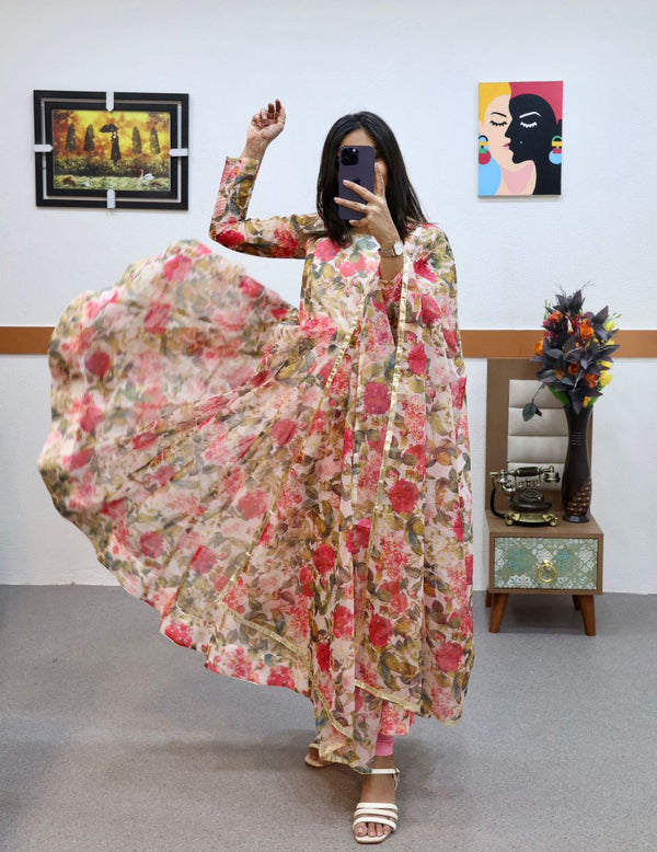 Floral Printed Organza Anarkali Gown ClothsVilla