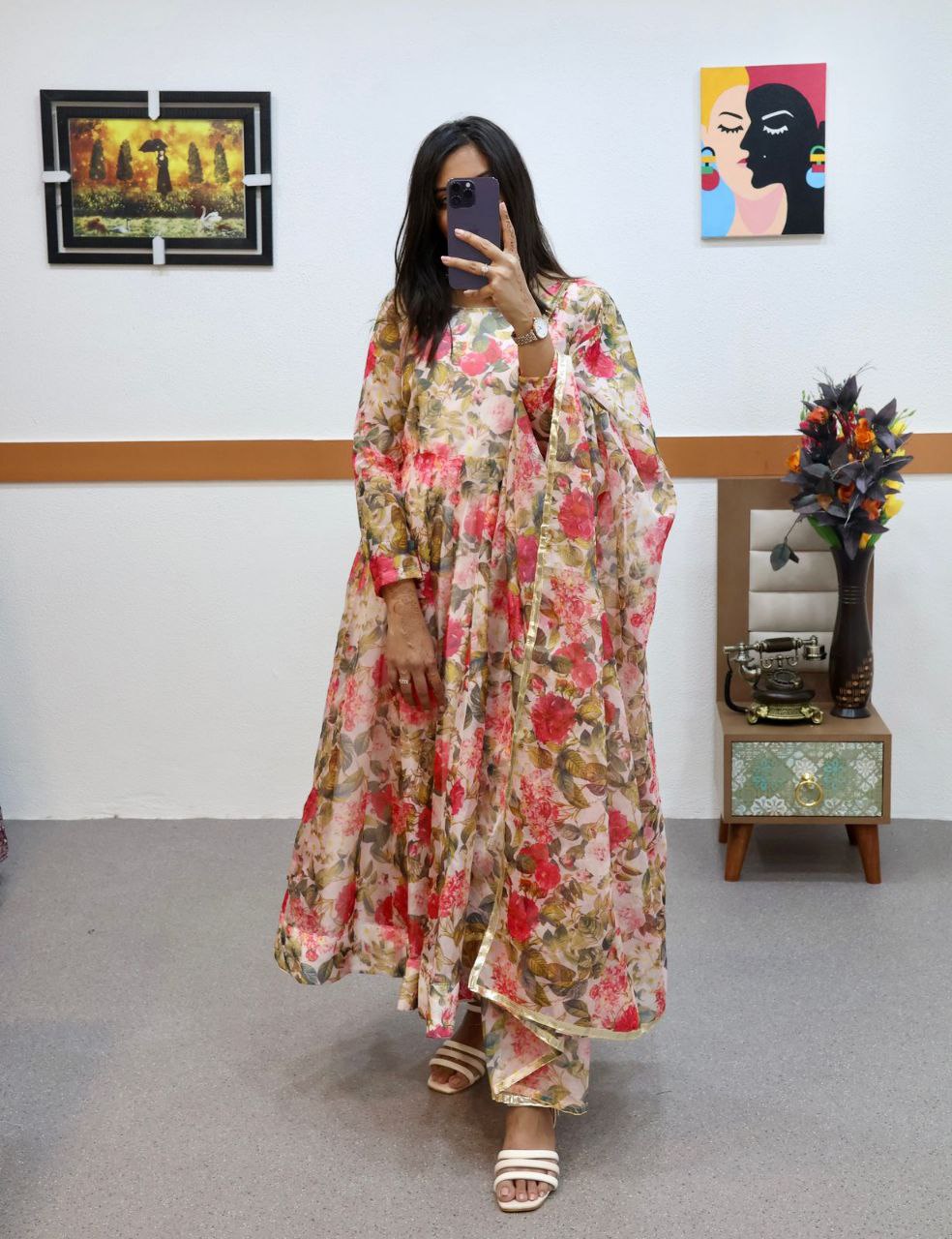 Floral Printed Organza Anarkali Gown ClothsVilla