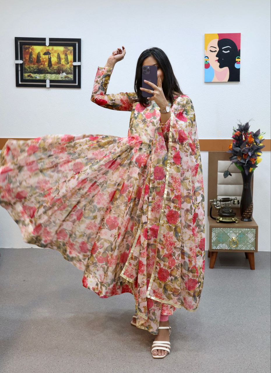 Floral Printed Organza Anarkali Gown ClothsVilla
