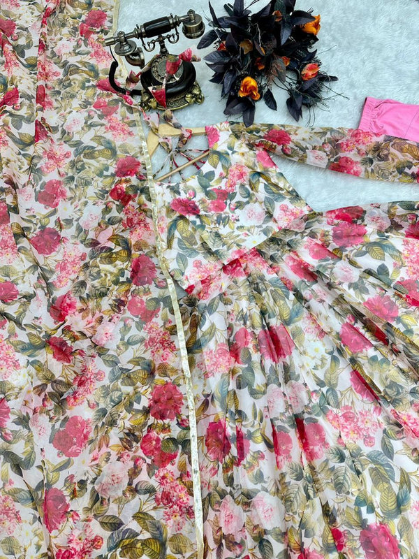 Floral Printed Organza Anarkali Gown ClothsVilla