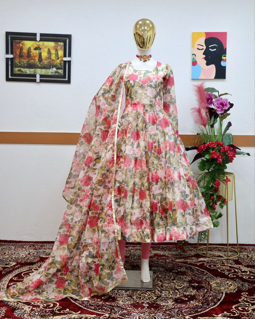 Floral Printed Organza Anarkali Gown ClothsVilla