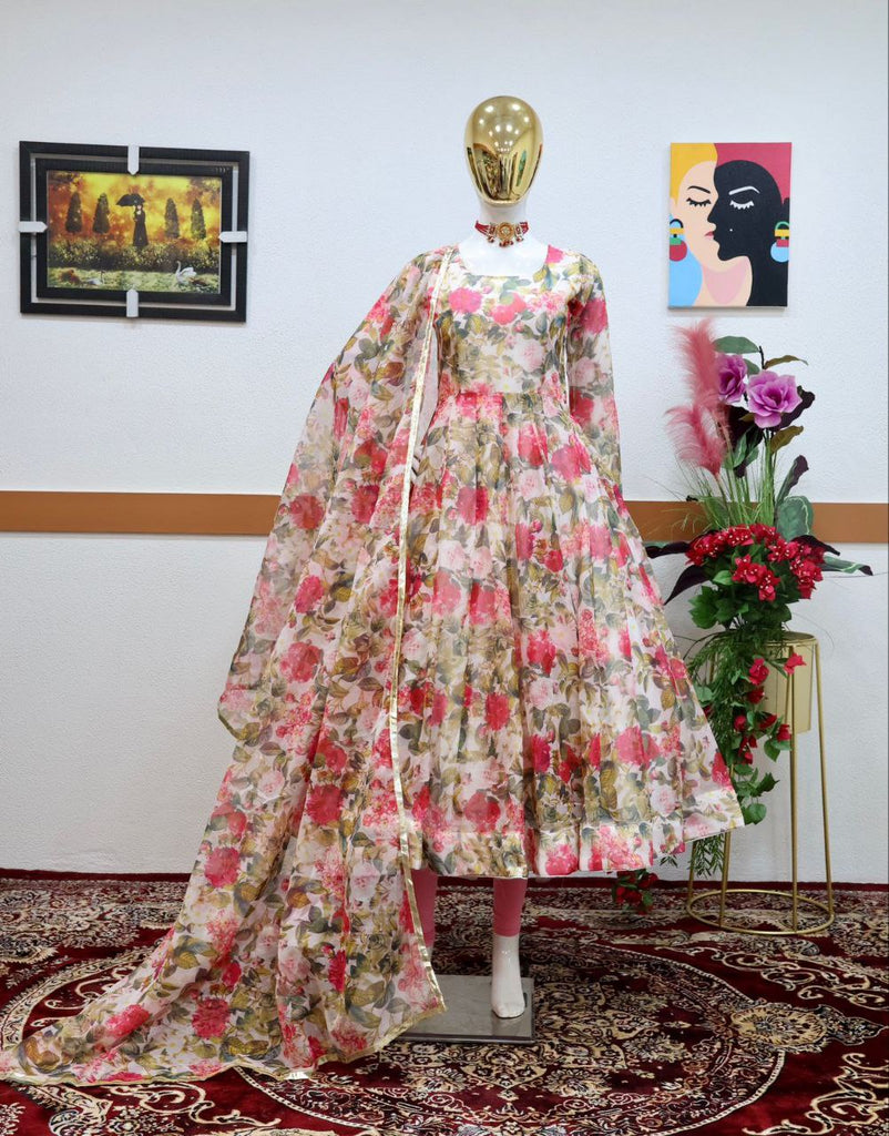 Floral Printed Organza Anarkali Gown ClothsVilla