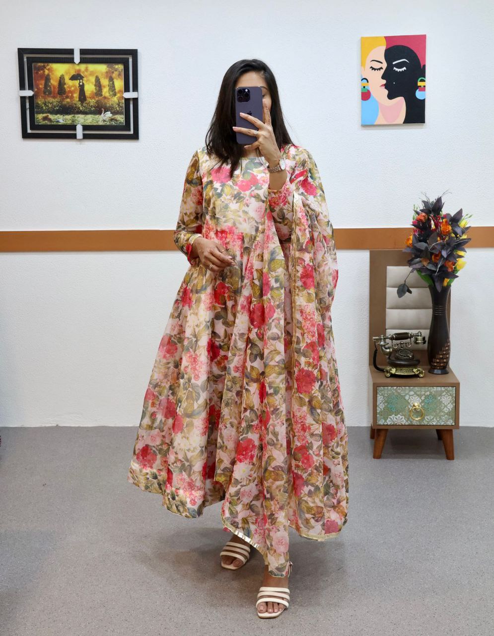 Floral Printed Organza Anarkali Gown ClothsVilla Main image