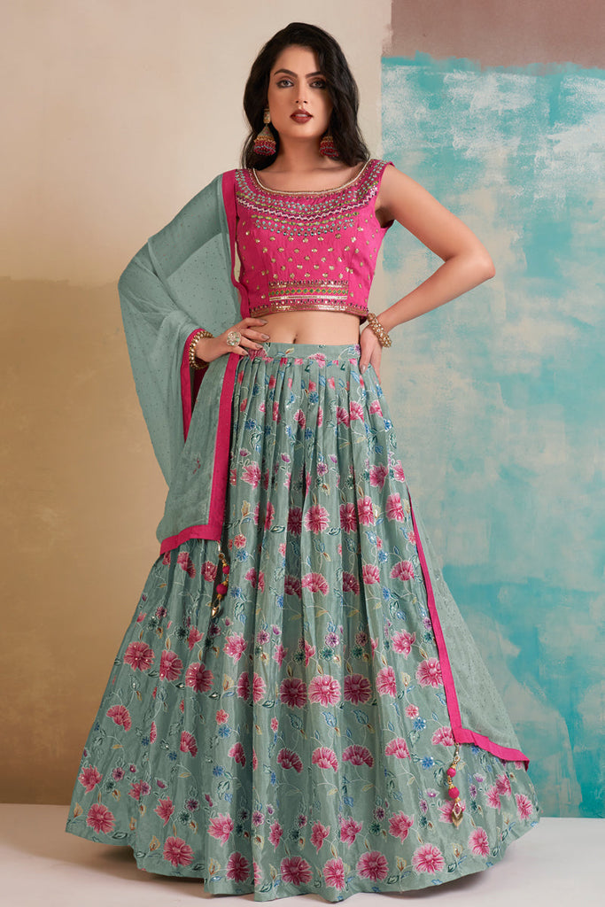 Trendy Chinon Fabric Light Cyan Color Readymade Lehenga Choli Clothsvilla