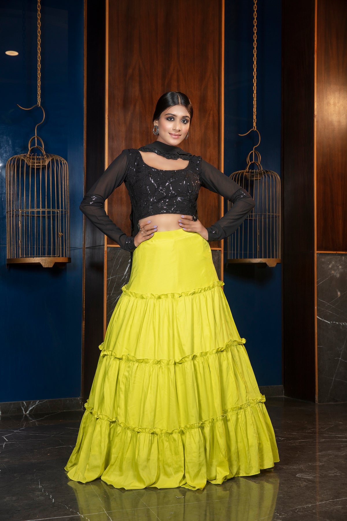 Florescent Green Thread & Sequence Embroidered Cotton Georgette Lehenga ClothsVilla Main image