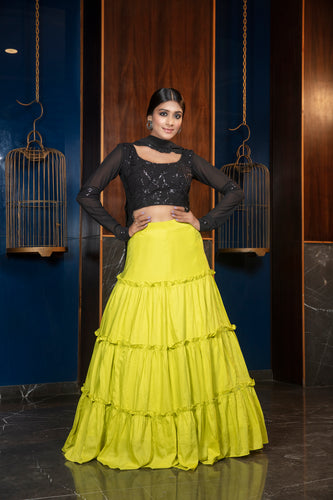 Florescent Green Thread & Sequence Embroidered Cotton Georgette Lehenga ClothsVilla