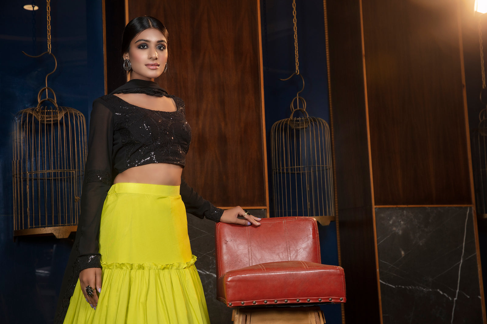 Florescent Green Thread & Sequence Embroidered Cotton Georgette Lehenga ClothsVilla