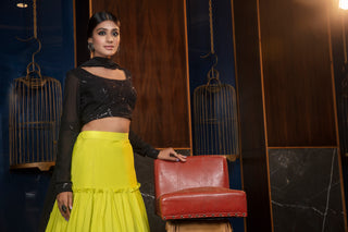 Florescent Green Thread & Sequence Embroidered Cotton Georgette Lehenga ClothsVilla