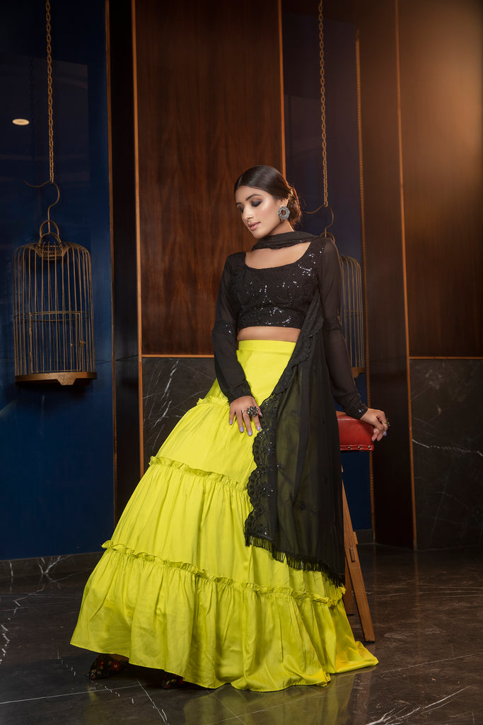 Florescent Green Thread & Sequence Embroidered Cotton Georgette Lehenga ClothsVilla