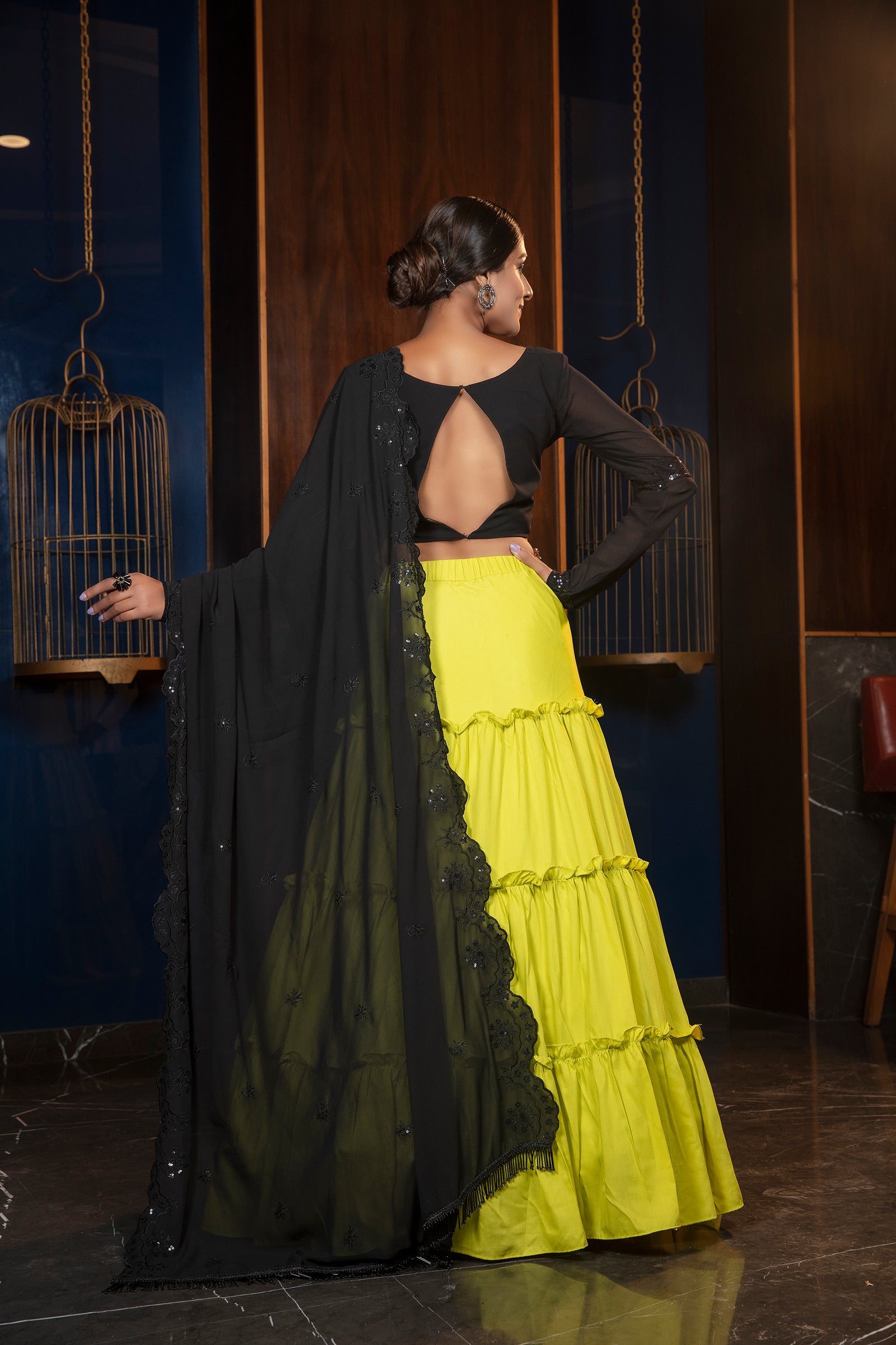 Florescent Green Thread & Sequence Embroidered Cotton Georgette Lehenga ClothsVilla