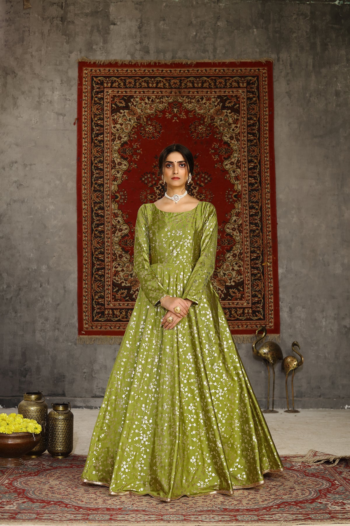 Fluorescent Green Taffeta Metalic Foil Work Anarkali Gown Party Wear ClothsVilla Main image