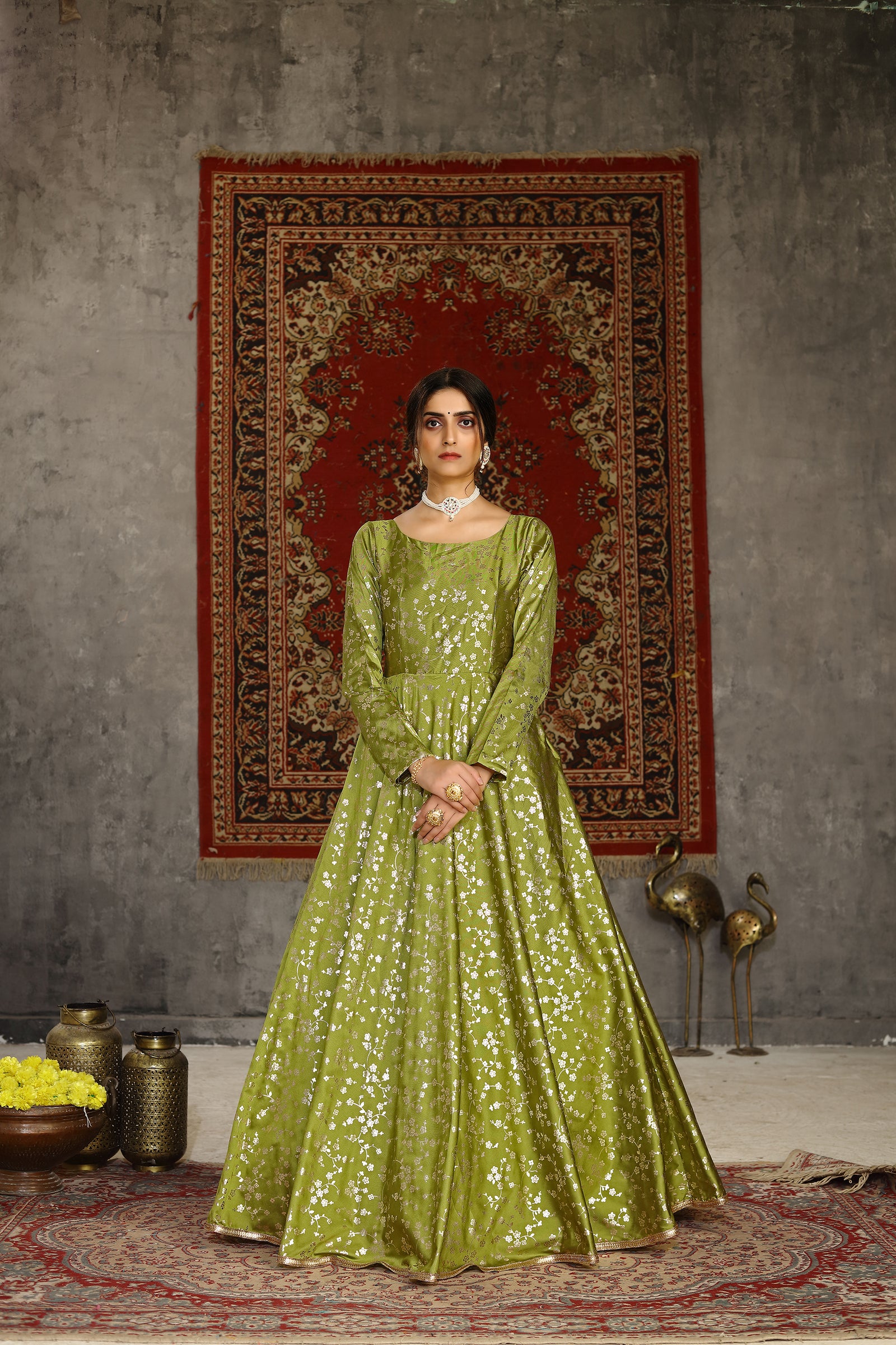 Fluorescent Green Taffeta Metalic Foil Work Anarkali Gown Party Wear ClothsVilla
