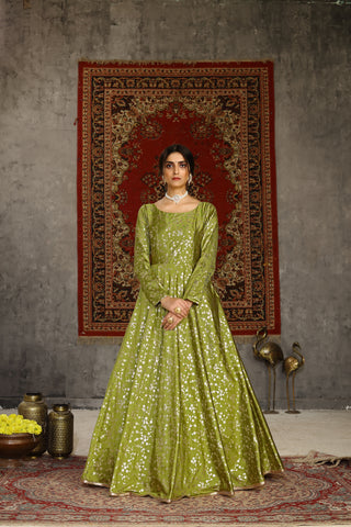 Fluorescent Green Taffeta Metalic Foil Work Anarkali Gown Party Wear ClothsVilla