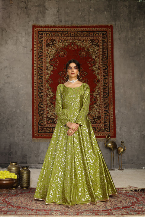 Fluorescent Green Taffeta Metalic Foil Work Anarkali Gown Party Wear ClothsVilla Main image