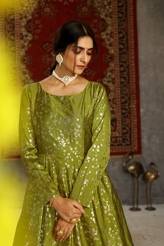 Fluorescent Green Taffeta Metalic Foil Work Anarkali Gown Party Wear ClothsVilla