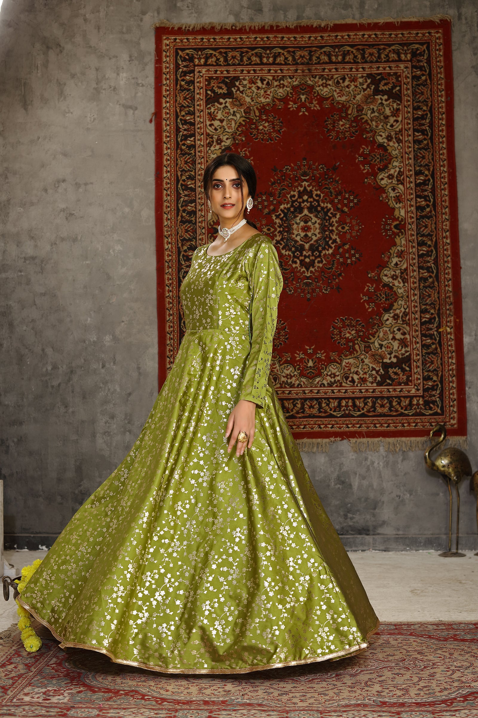 Fluorescent Green Taffeta Metalic Foil Work Anarkali Gown Party Wear ClothsVilla