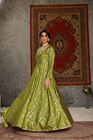 Fluorescent Green Taffeta Metalic Foil Work Anarkali Gown Party Wear ClothsVilla
