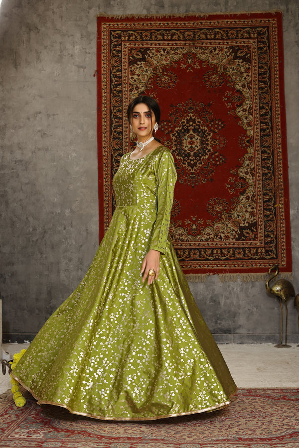 Fluorescent Green Taffeta Metalic Foil Work Anarkali Gown Party Wear ClothsVilla