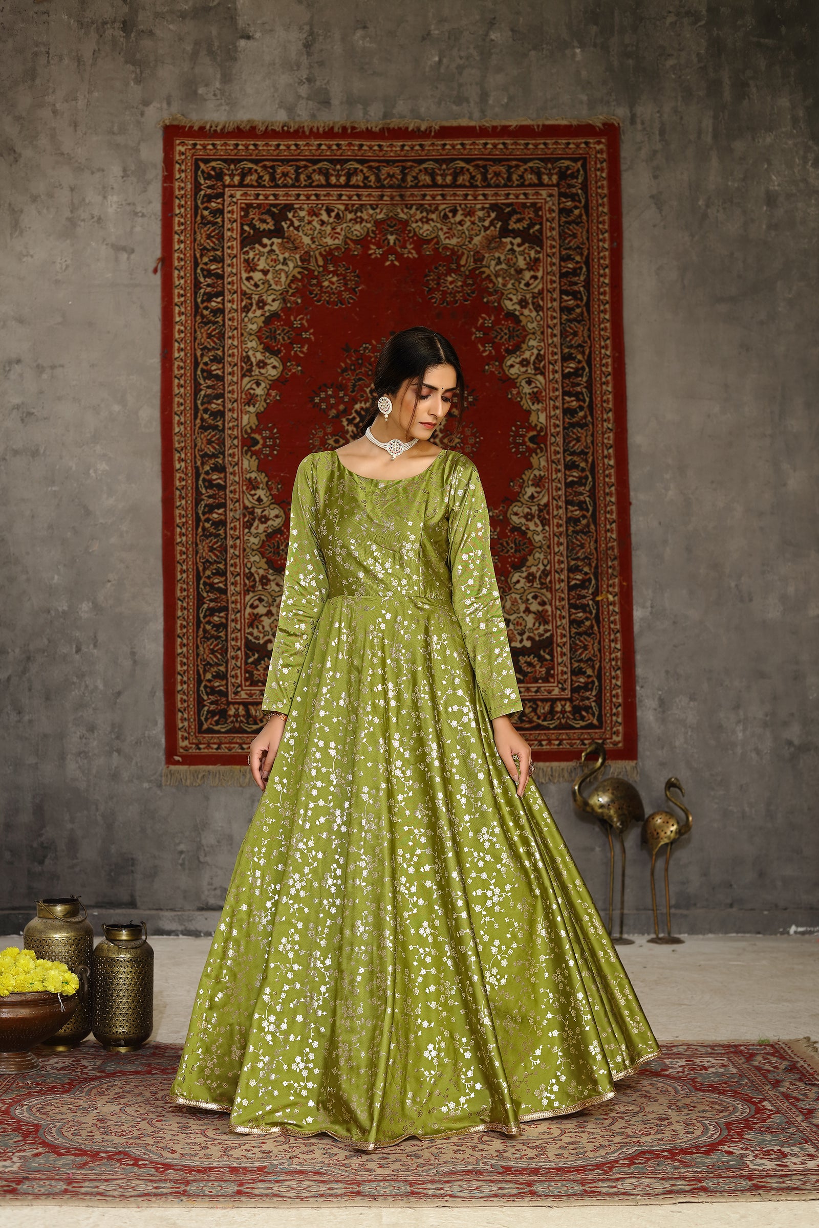 Fluorescent Green Taffeta Metalic Foil Work Anarkali Gown Party Wear ClothsVilla