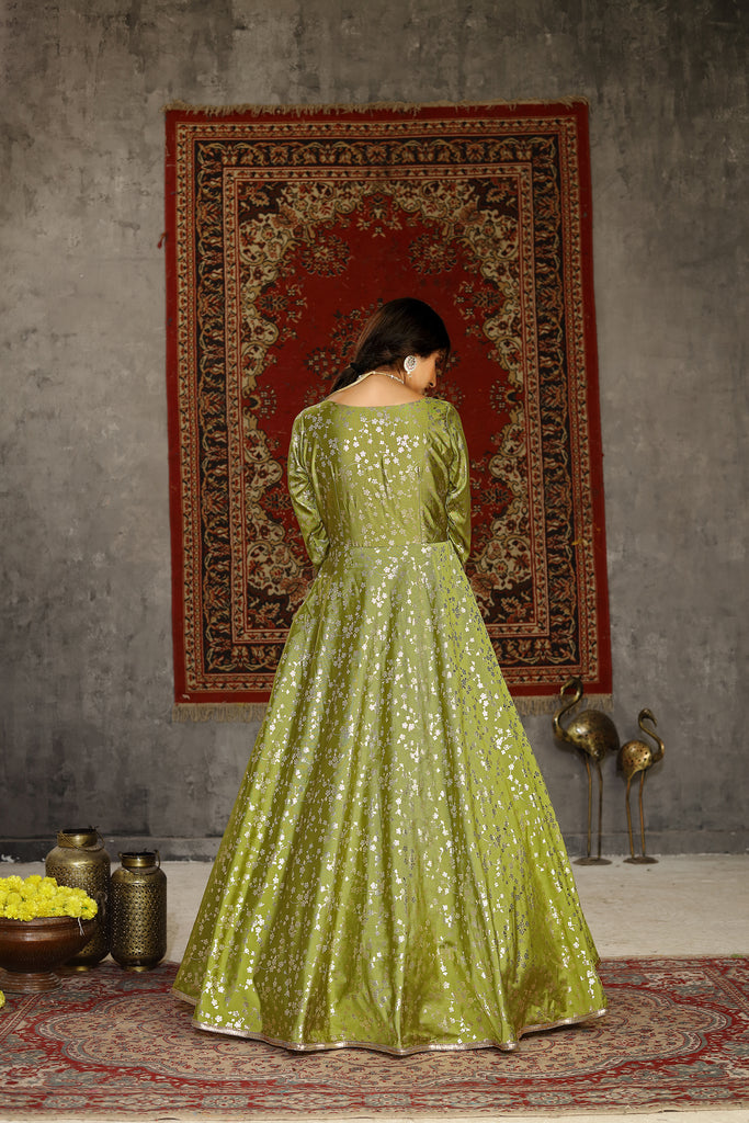 Fluorescent Green Taffeta Metalic Foil Work Anarkali Gown Party Wear ClothsVilla