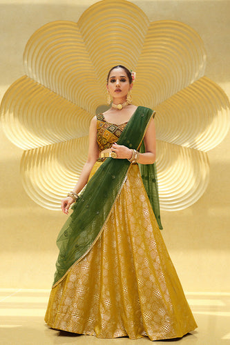 Fluorescent Green Georgette Metallic Foil Work Lehenga Choli 2231 ClothsVilla.com