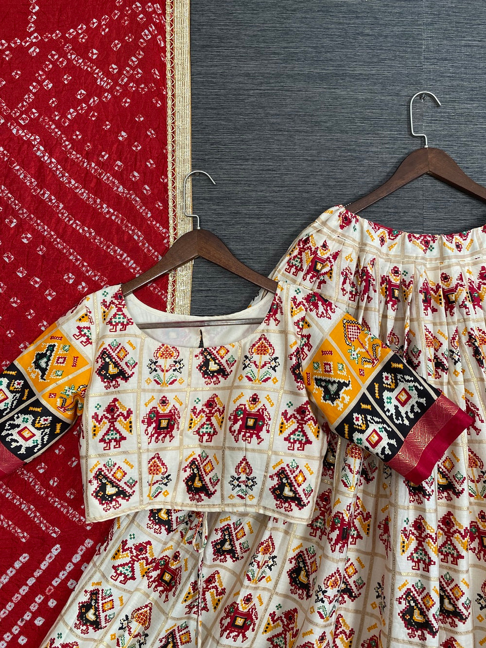 Red Color Foil And Printed Pure Cotton Lehenga Choli With Leheriya Bandhej Dupatta Clothsvilla