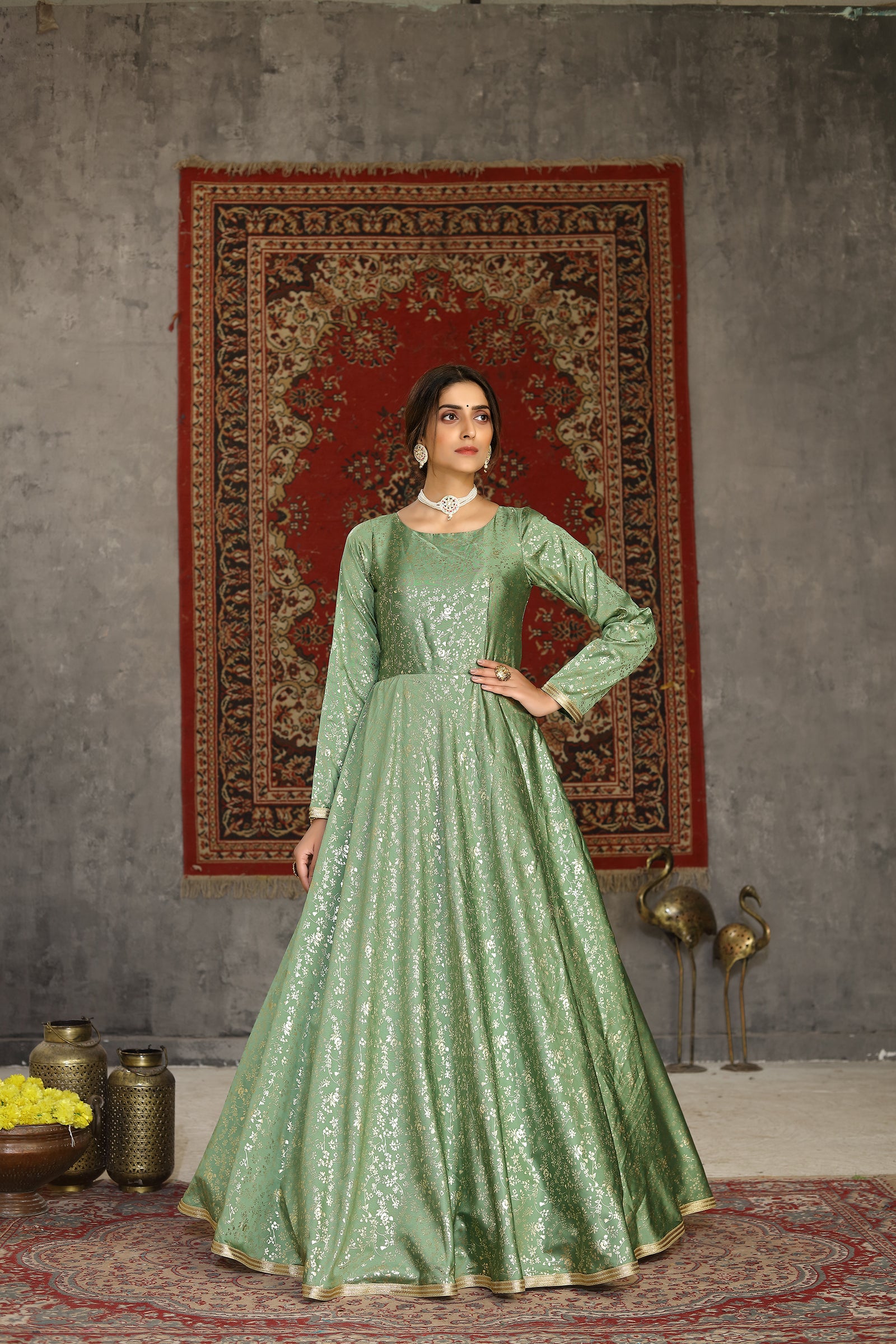 Foil Print Taffeta Silk Pistachio Green Eid Anarkali Suit ClothsVilla