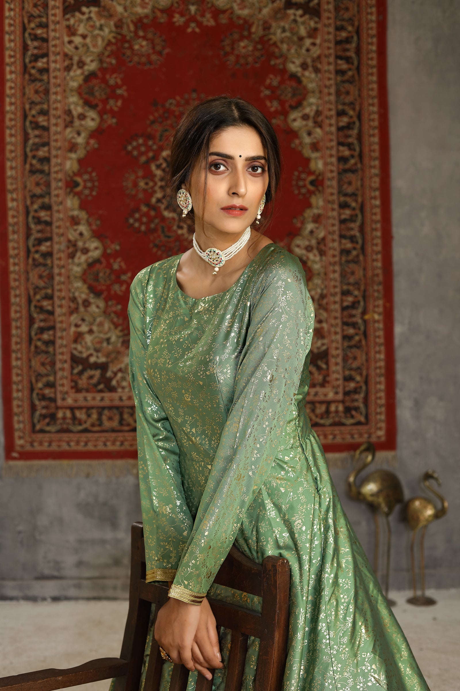 Foil Print Taffeta Silk Pistachio Green Eid Anarkali Suit ClothsVilla