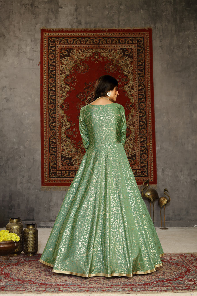 Foil Print Taffeta Silk Pistachio Green Eid Anarkali Suit ClothsVilla