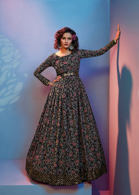 Full Sleeves Black Floral Gown With Fancy Sequins Work Belt ClothsVilla Main image