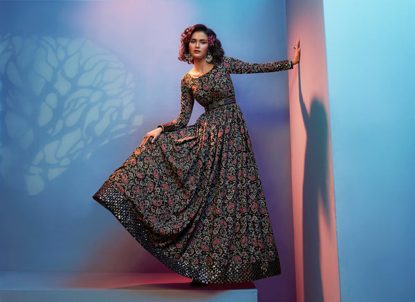 Full Sleeves Black Floral Gown With Fancy Sequins Work Belt ClothsVilla