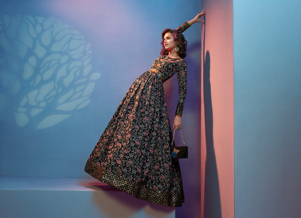 Full Sleeves Black Floral Gown With Fancy Sequins Work Belt ClothsVilla