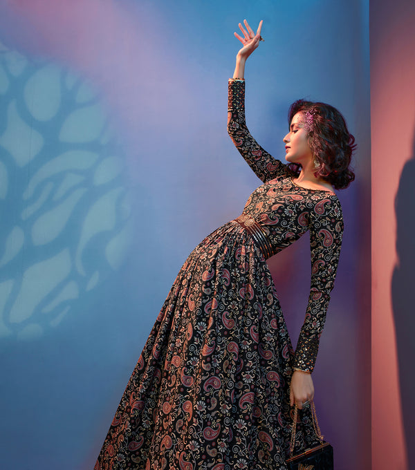 Full Sleeves Black Floral Gown With Fancy Sequins Work Belt ClothsVilla