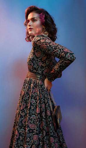 Full Sleeves Black Floral Gown With Fancy Sequins Work Belt ClothsVilla