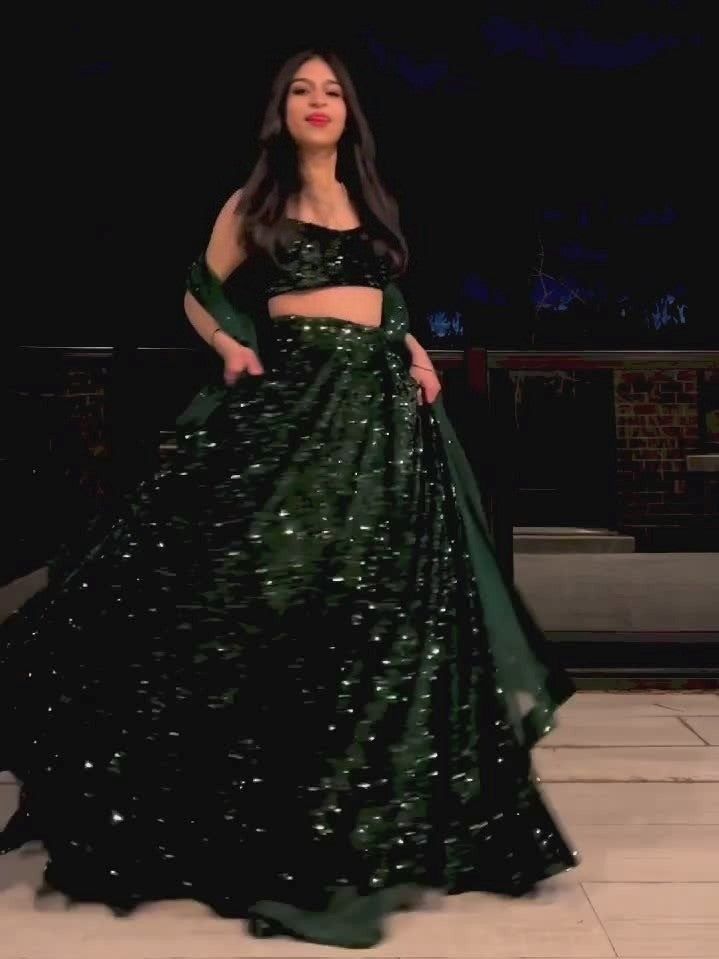 Fully sequined Green velvet Lehenga Choli with net Dupatta-C