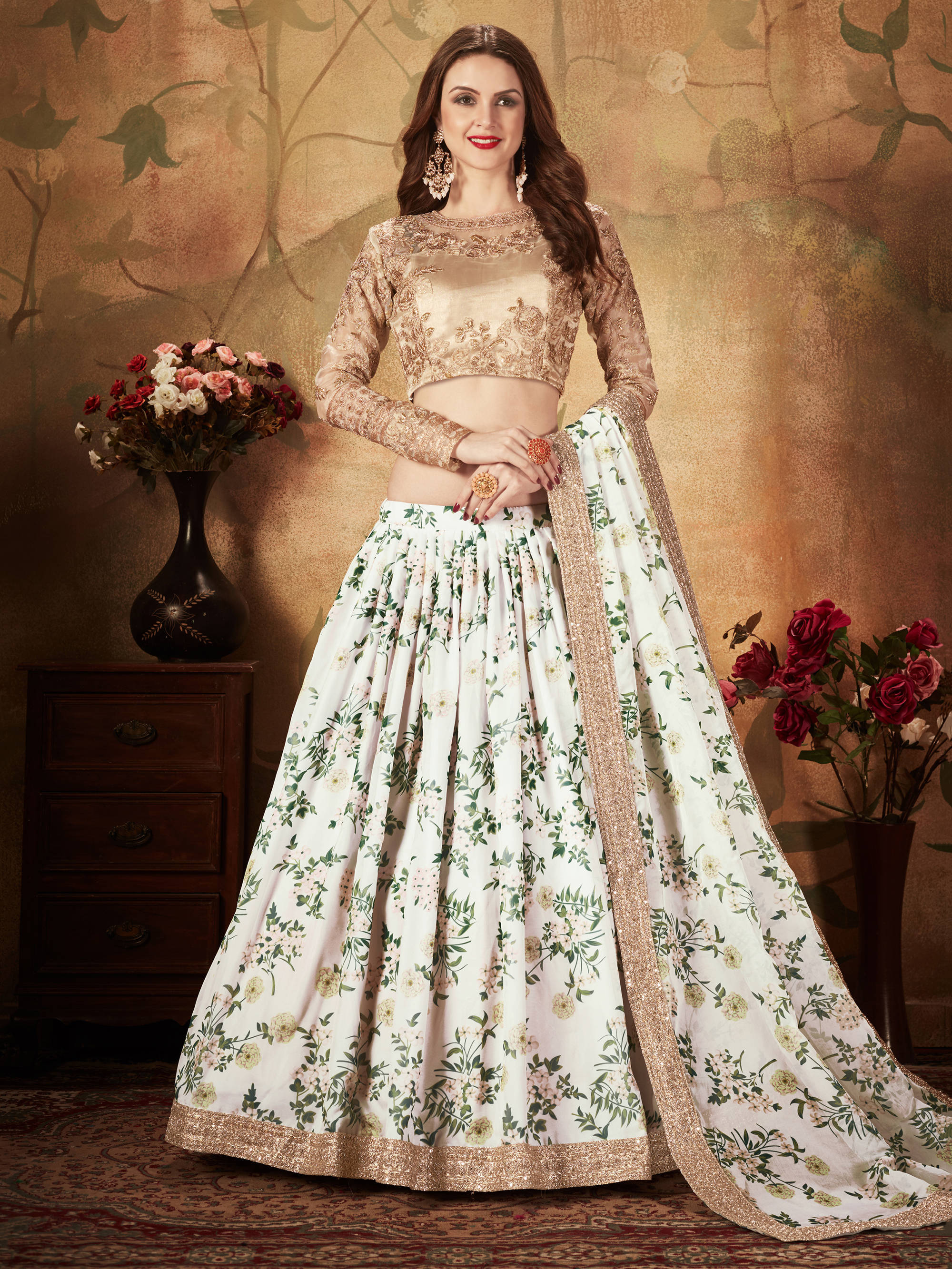 Breathtaking Off-White Sabyasachi Floral Printed Organza Silk Party Wear Lehenga Choli With Blouse ClothsVilla Main image