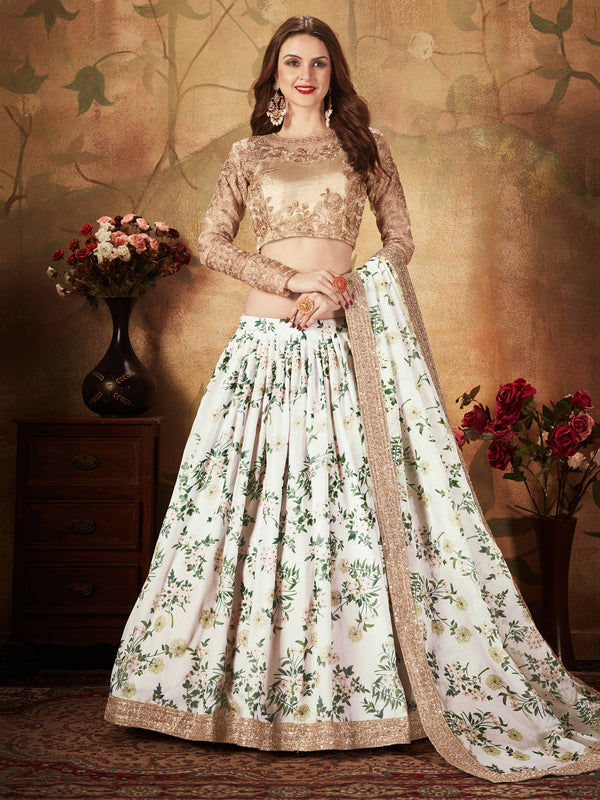 Breathtaking Off-White Sabyasachi Floral Printed Organza Silk Party Wear Lehenga Choli With Blouse ClothsVilla