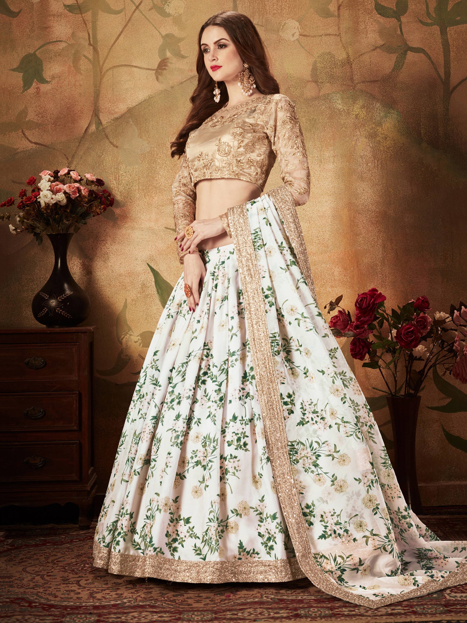 Breathtaking Off-White Sabyasachi Floral Printed Organza Silk Party Wear Lehenga Choli With Blouse ClothsVilla