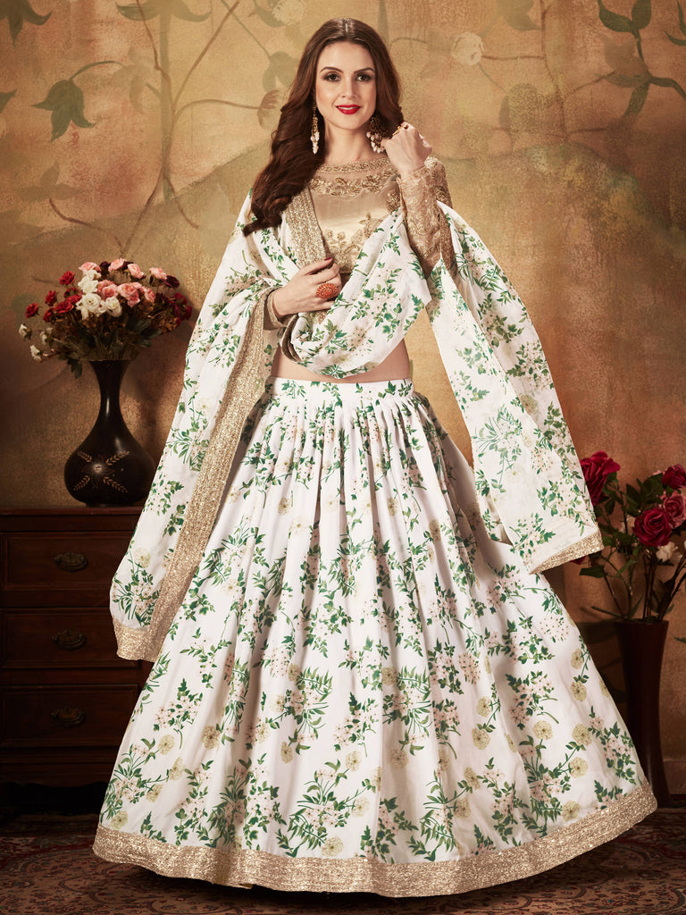 Breathtaking Off-White Sabyasachi Floral Printed Organza Silk Party Wear Lehenga Choli With Blouse ClothsVilla
