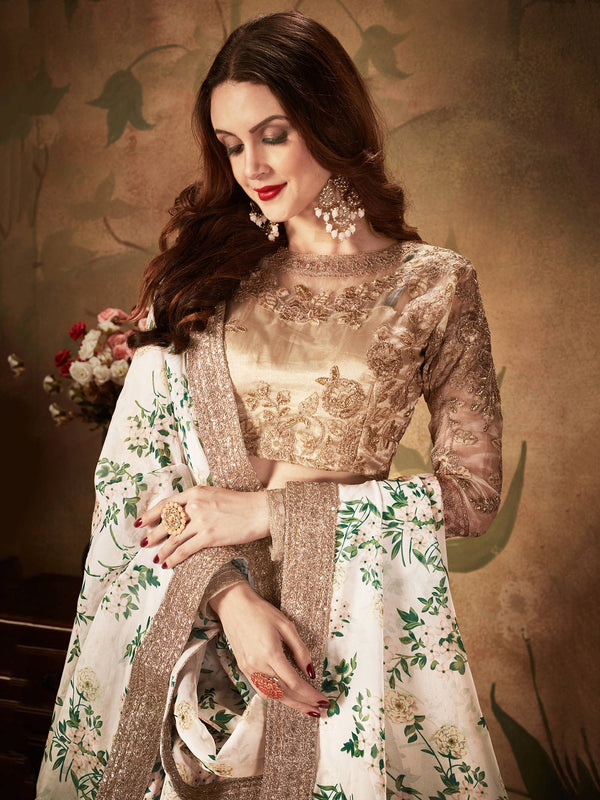Breathtaking Off-White Sabyasachi Floral Printed Organza Silk Party Wear Lehenga Choli With Blouse ClothsVilla