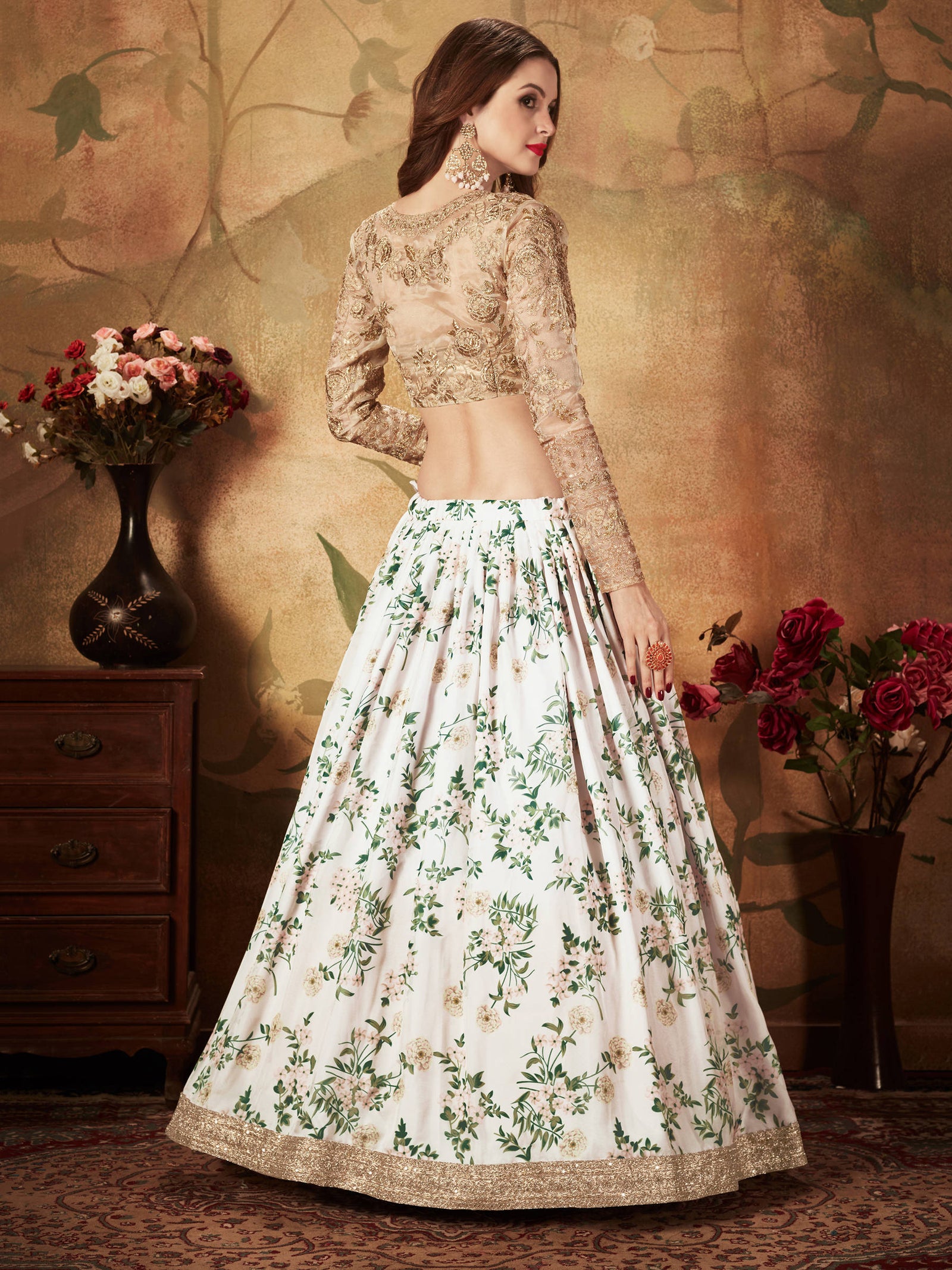 Breathtaking Off-White Sabyasachi Floral Printed Organza Silk Party Wear Lehenga Choli With Blouse ClothsVilla