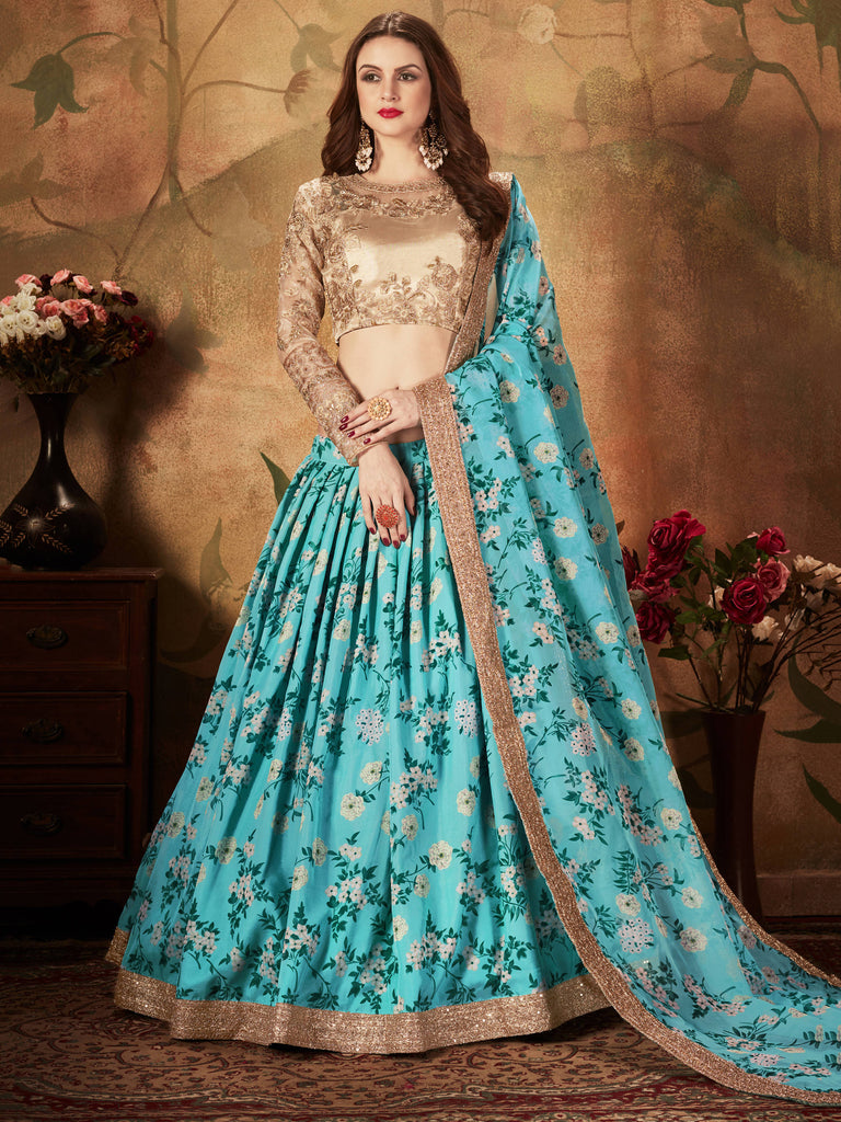 Beautiful Sky Blue Sabyasachi Floral Digital Printed Organza Party Wear Lehenga Choli With Blouse ClothsVilla