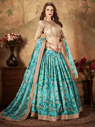 Beautiful Sky Blue Sabyasachi Floral Digital Printed Organza Party Wear Lehenga Choli With Blouse ClothsVilla