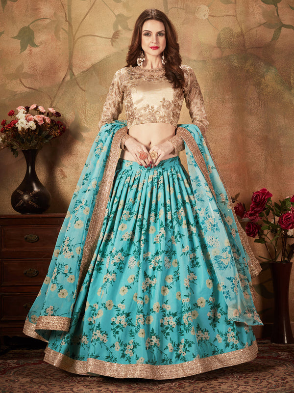 Beautiful Sky Blue Sabyasachi Floral Digital Printed Organza Party Wear Lehenga Choli With Blouse ClothsVilla