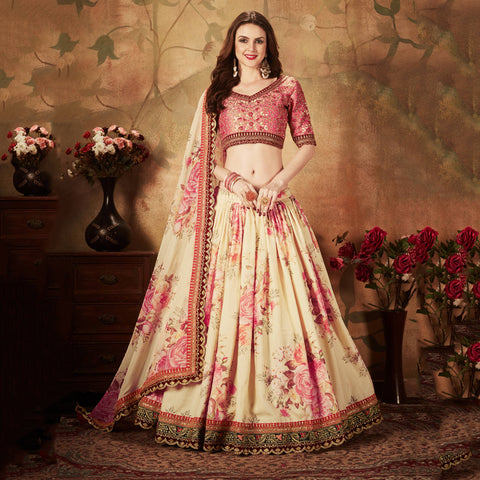 Delightful Off-White Floral Print Organza Silk Wedding Lehenga Choli With Peach Blouse ClothsVilla Main image