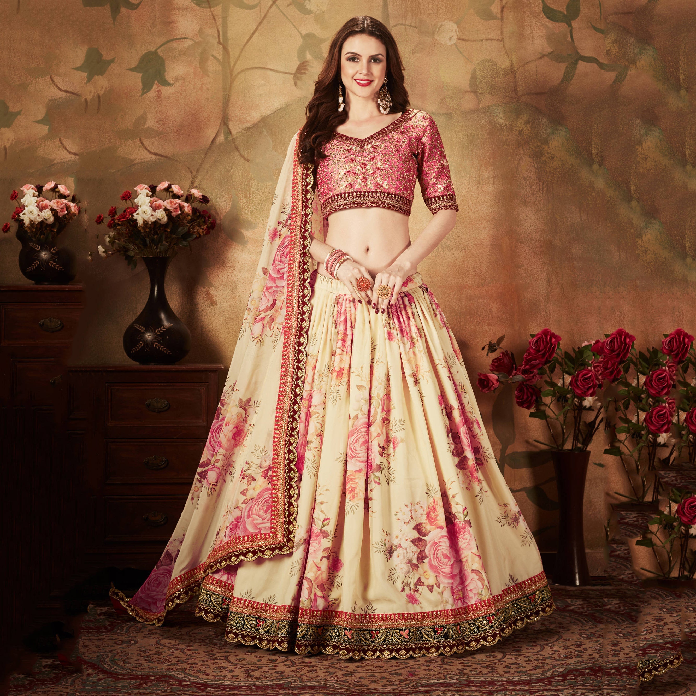Delightful Off-White Floral Print Organza Silk Wedding Lehenga Choli With Peach Blouse ClothsVilla