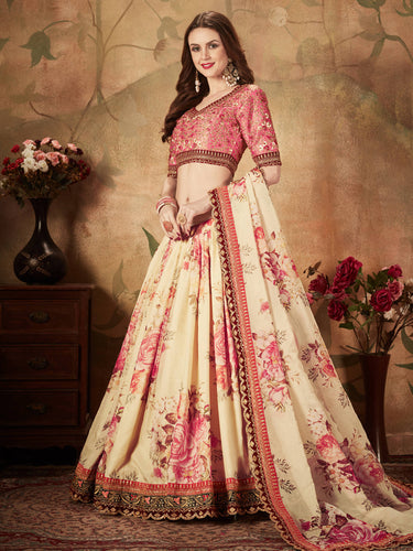 Delightful Off-White Floral Print Organza Silk Wedding Lehenga Choli With Peach Blouse ClothsVilla