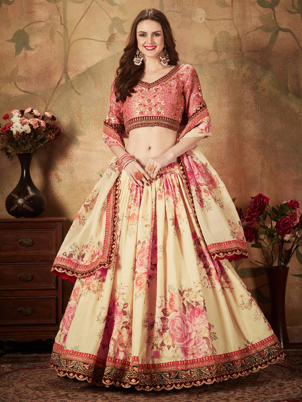 Delightful Off-White Floral Print Organza Silk Wedding Lehenga Choli With Peach Blouse ClothsVilla